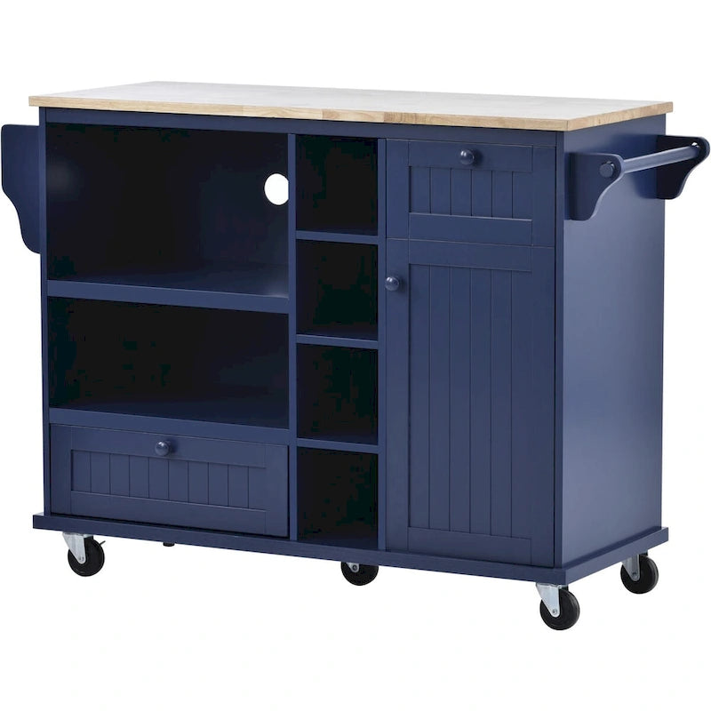 Chariot de cuisine avec placard de rangement et deux roues verrouillables, plateau en bois, meuble micro-ondes, buffet de serveur autoportant