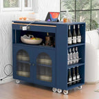 Îlot de cuisine roulant : Table extensible, prises de courant, portes vitrées