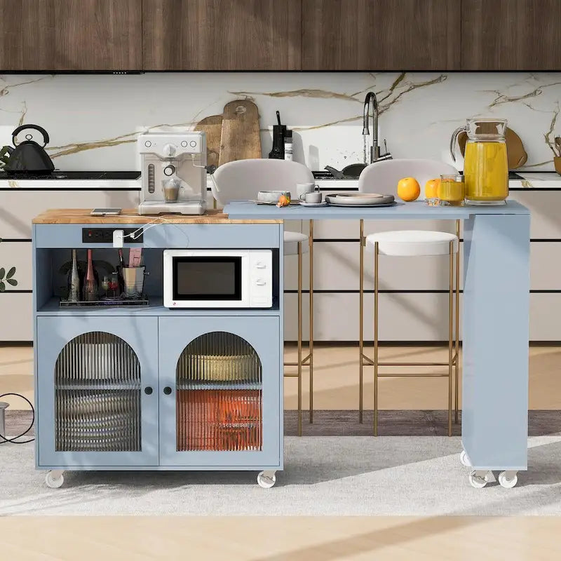 Îlot de cuisine roulant : Table extensible, prises de courant, portes vitrées