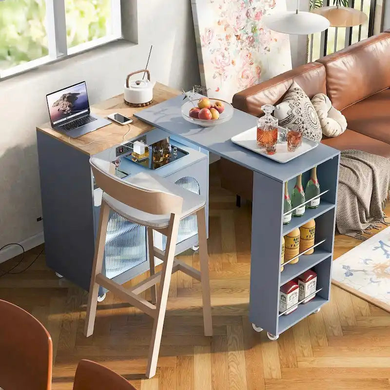 Îlot de cuisine roulant : Table extensible, prises de courant, portes vitrées