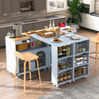 Îlot de cuisine roulant : Table extensible, prises de courant, portes vitrées