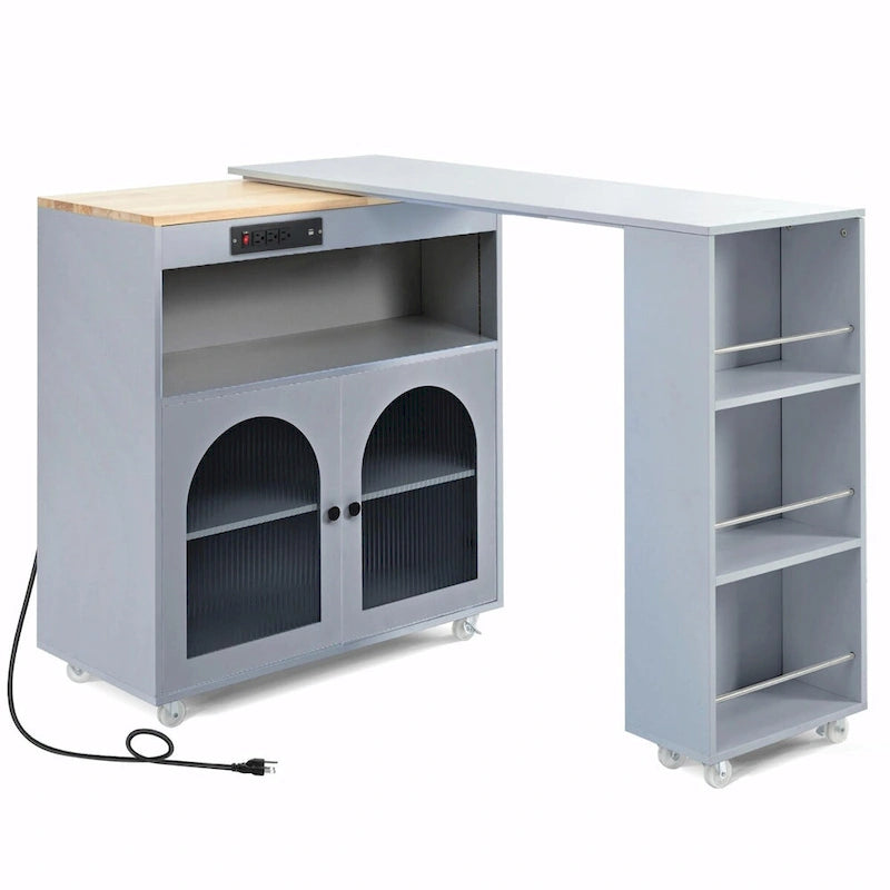 Îlot de cuisine roulant : Table extensible, prises de courant, portes vitrées