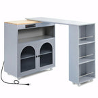 Îlot de cuisine roulant : Table extensible, prises de courant, portes vitrées