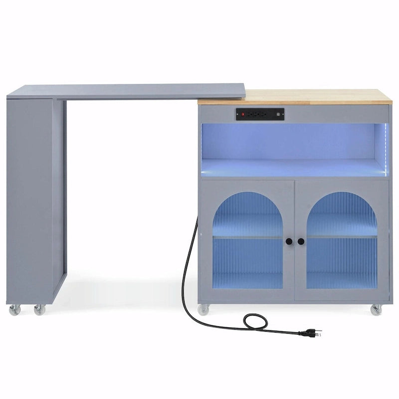 Îlot de cuisine roulant : Table extensible, prises de courant, portes vitrées