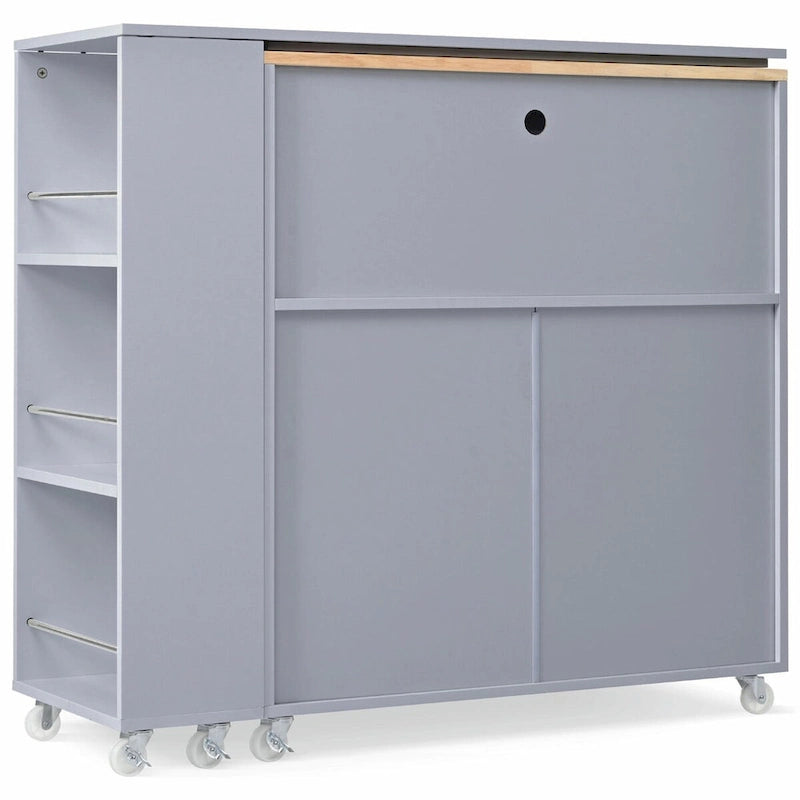 Îlot de cuisine roulant : Table extensible, prises de courant, portes vitrées