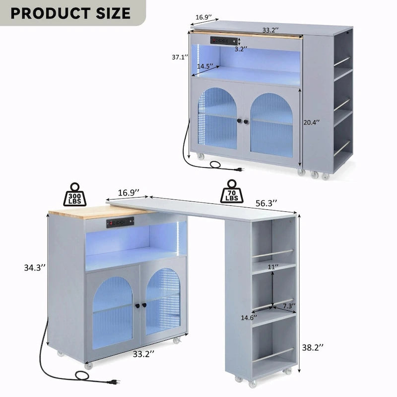 Îlot de cuisine roulant : Table extensible, prises de courant, portes vitrées