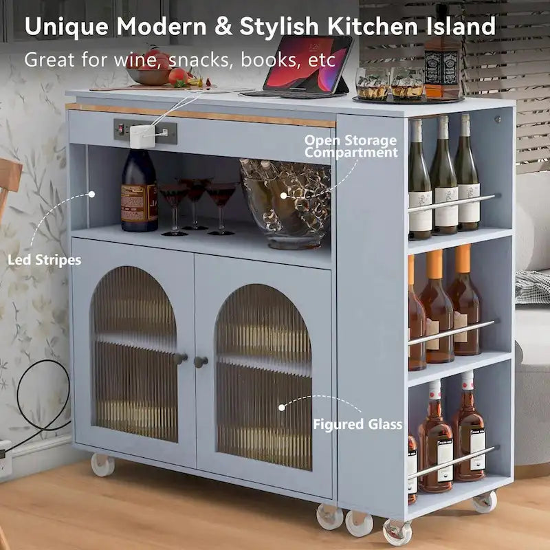 Îlot de cuisine roulant : Table extensible, prises de courant, portes vitrées
