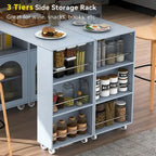 Îlot de cuisine roulant : Table extensible, prises de courant, portes vitrées