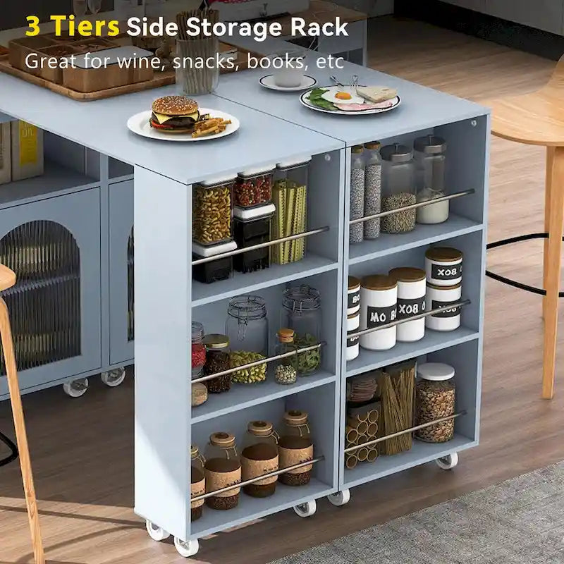 Îlot de cuisine roulant : Table extensible, prises de courant, portes vitrées