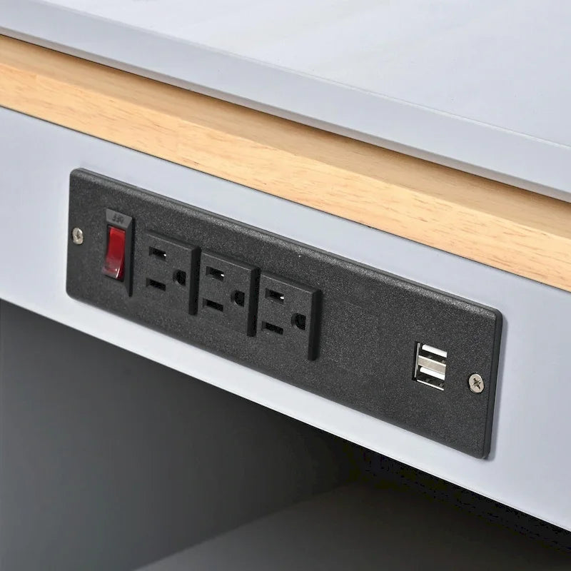 Îlot de cuisine roulant : Table extensible, prises de courant, portes vitrées