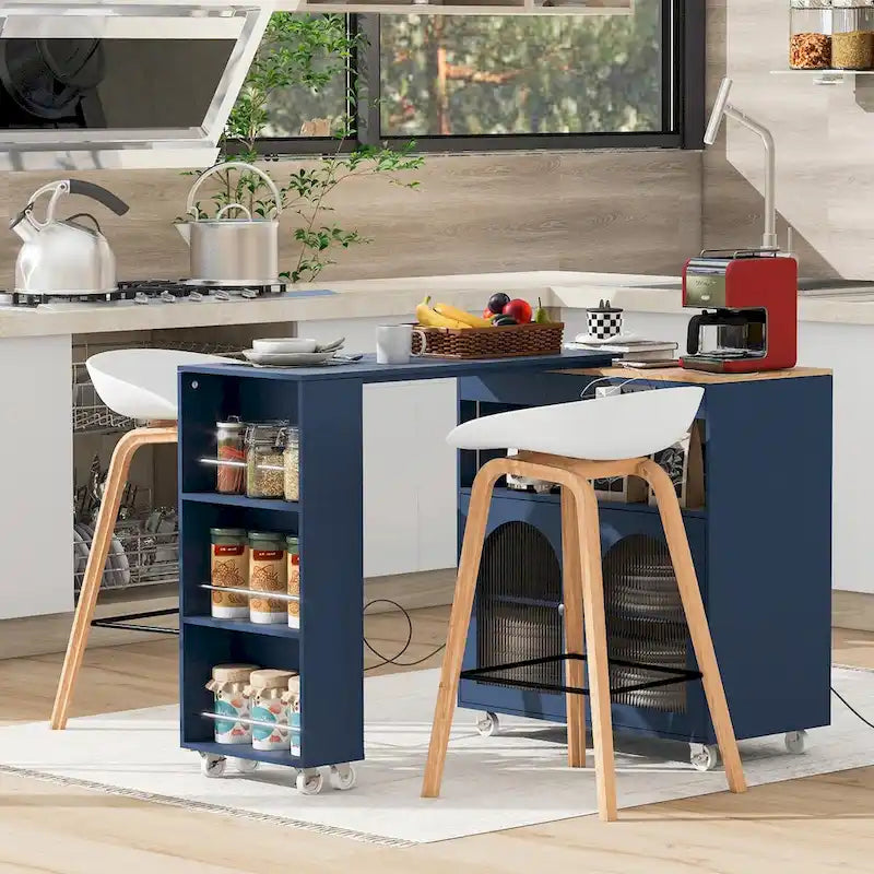 Îlot de cuisine roulant : Table extensible, prises de courant, portes vitrées
