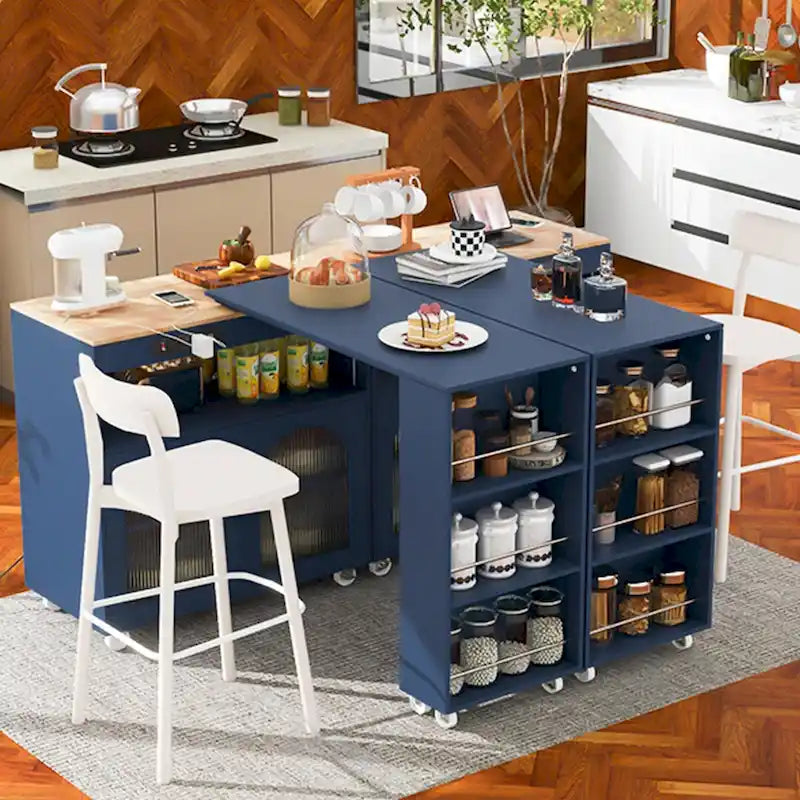 Îlot de cuisine roulant : Table extensible, prises de courant, portes vitrées