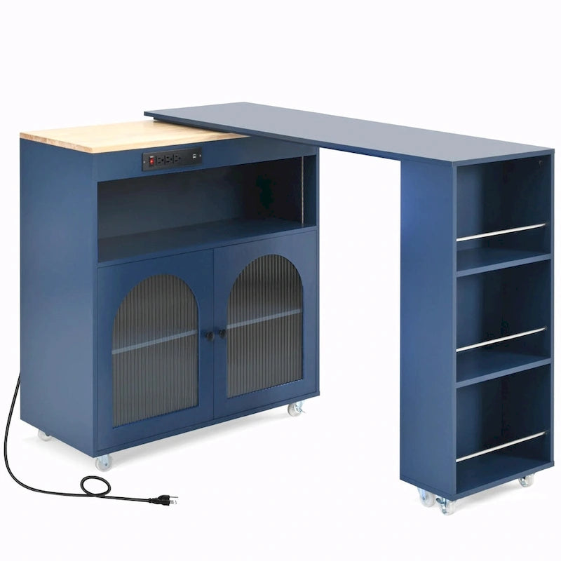 Îlot de cuisine roulant : Table extensible, prises de courant, portes vitrées
