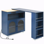 Îlot de cuisine roulant : Table extensible, prises de courant, portes vitrées