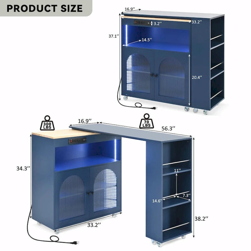 Îlot de cuisine roulant : Table extensible, prises de courant, portes vitrées