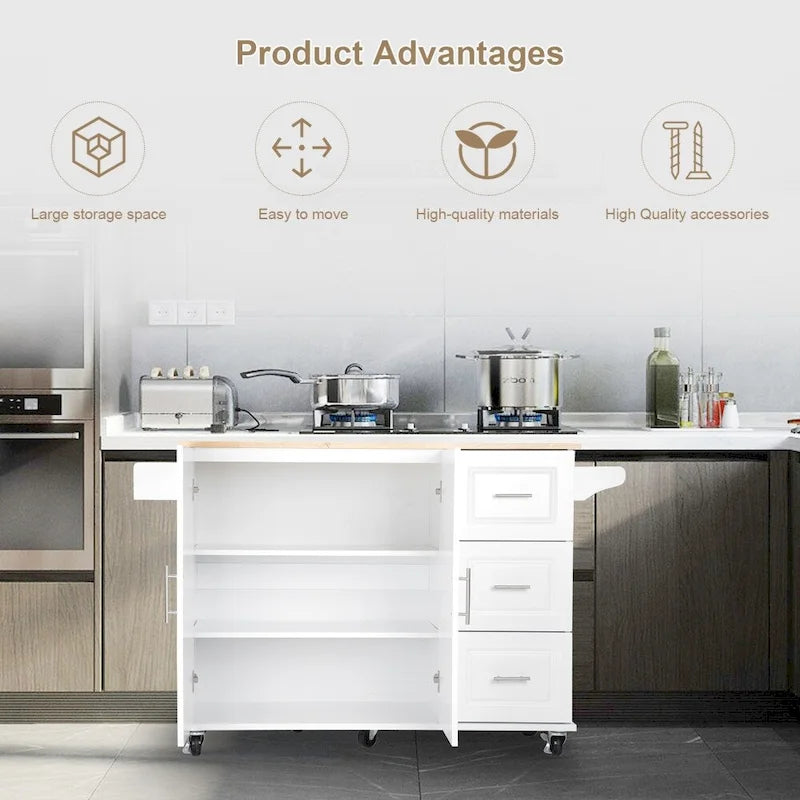 Îlot de cuisine mobile avec plateau de table extensible et étagère réglable