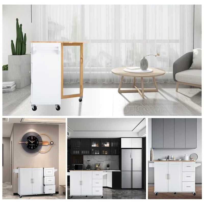 Îlot de cuisine mobile avec plateau de table extensible et étagère réglable