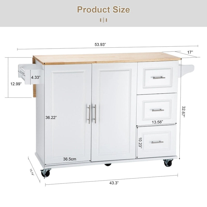 Îlot de cuisine mobile avec plateau de table extensible et étagère réglable