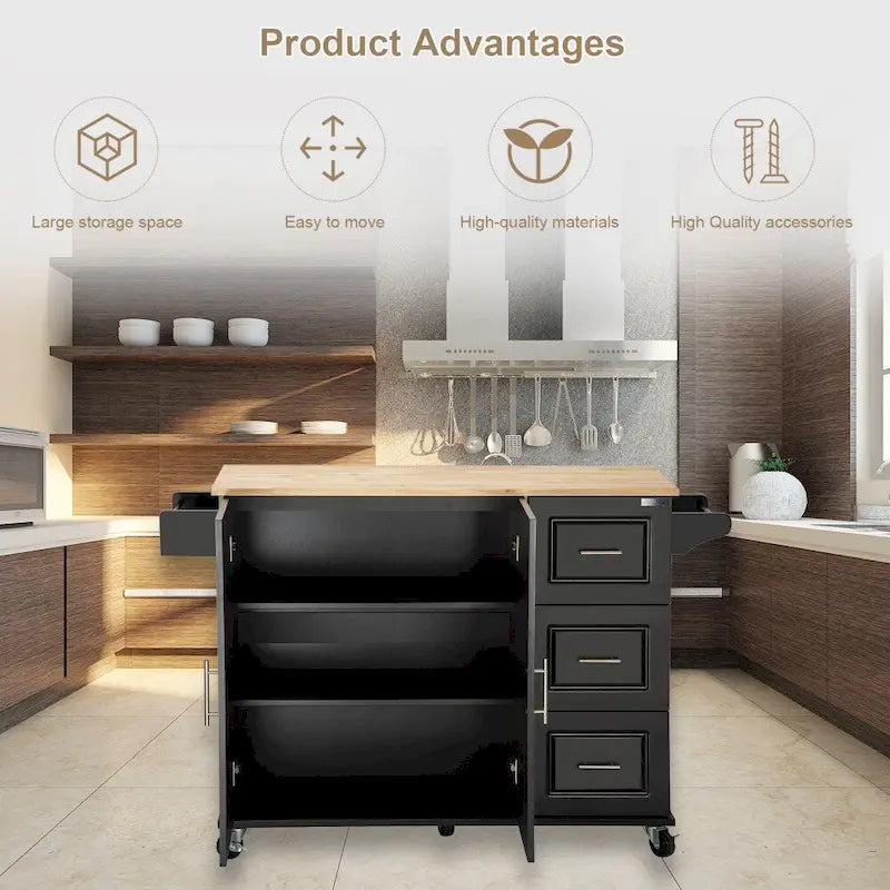 Îlot de cuisine mobile avec plateau de table extensible et étagère réglable
