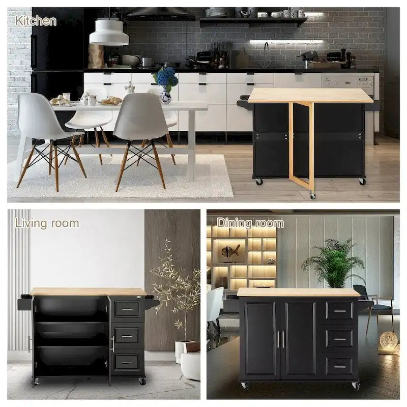 Îlot de cuisine mobile avec plateau de table extensible et étagère réglable