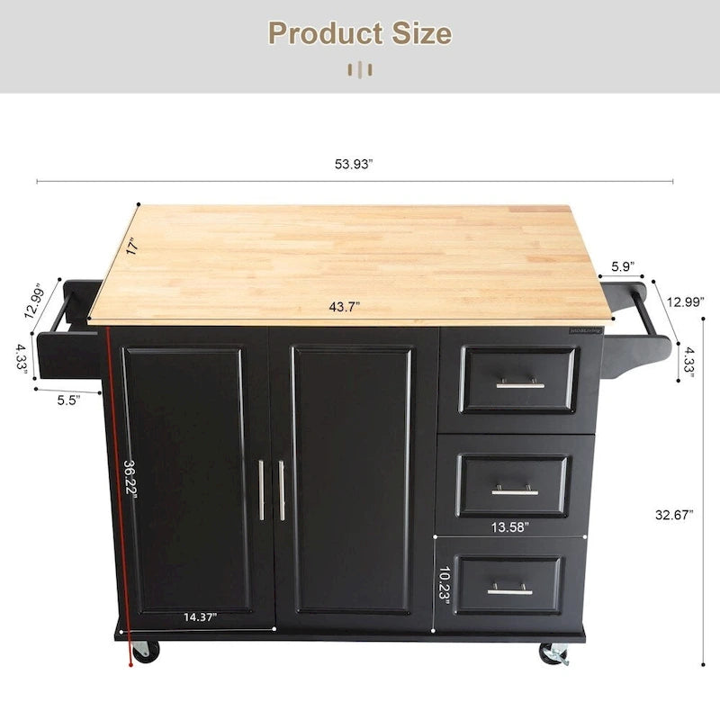 Îlot de cuisine mobile avec plateau de table extensible et étagère réglable