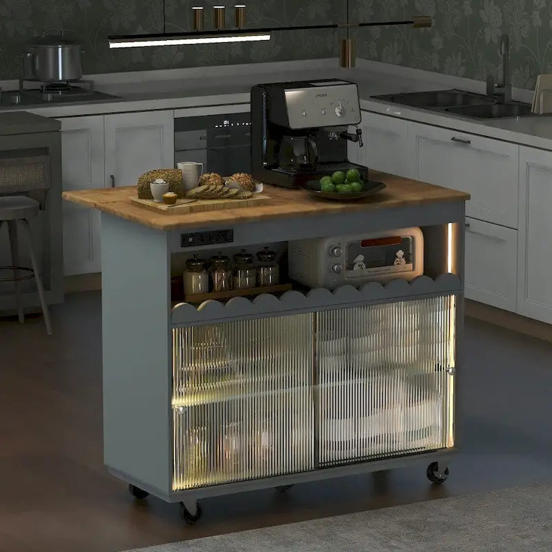 Îlot de cuisine sur roulettes avec éclairage LED, abattant et prises électriques