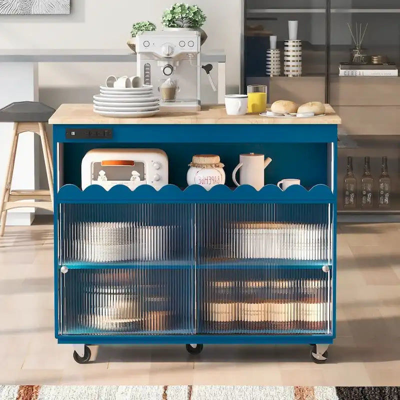 Îlot de cuisine sur roulettes avec éclairage LED, abattant et prises électriques