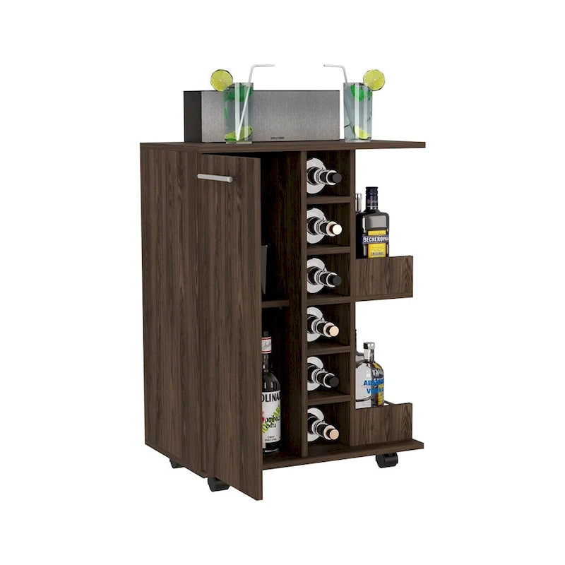 Dessert de bar avec meuble de rangement, étagères ouvertes pour bouteilles et roulettes avec freins