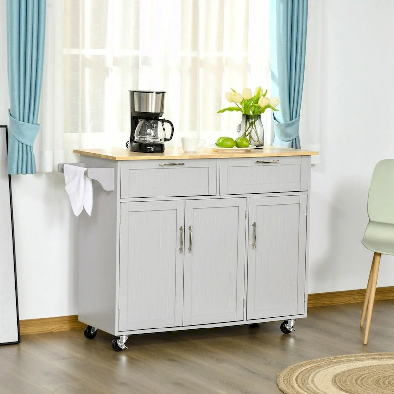 Îlot de cuisine mobile avec plateau en bois, tiroirs, armoires, étagères réglables et porte-serviettes