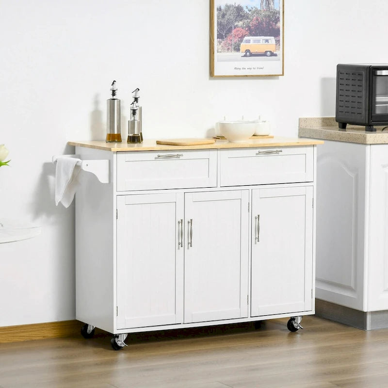 Îlot de cuisine mobile avec plateau en bois, tiroirs, armoires, étagères réglables et porte-serviettes