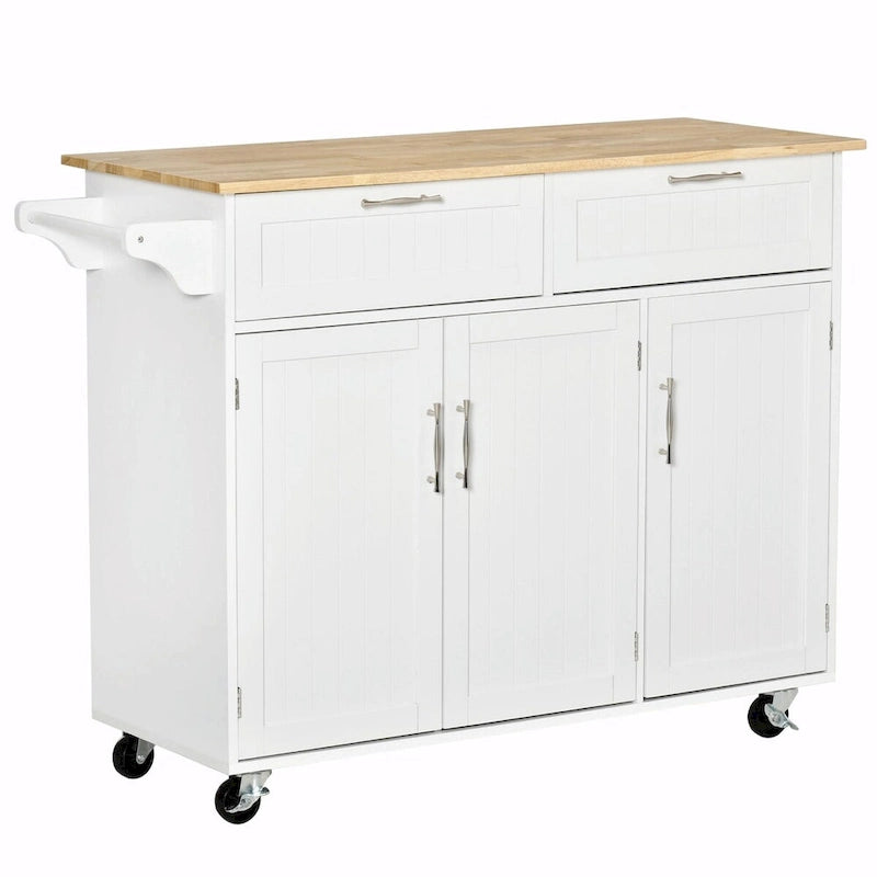Îlot de cuisine mobile avec plateau en bois, tiroirs, armoires, étagères réglables et porte-serviettes