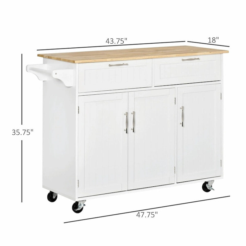 Îlot de cuisine mobile avec plateau en bois, tiroirs, armoires, étagères réglables et porte-serviettes