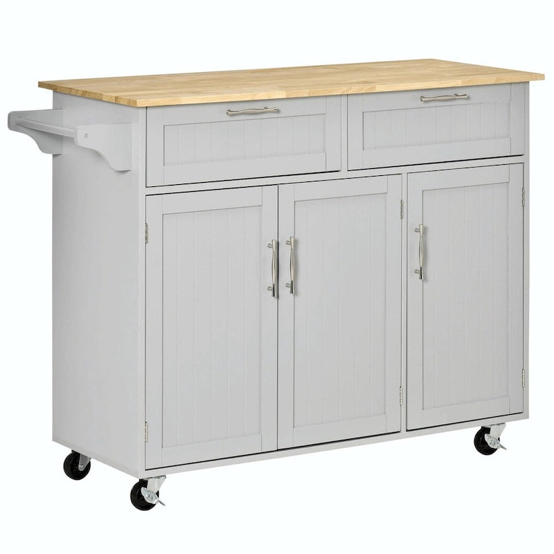 Îlot de cuisine mobile avec plateau en bois, tiroirs, armoires, étagères réglables et porte-serviettes