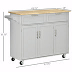 Îlot de cuisine mobile avec plateau en bois, tiroirs, armoires, étagères réglables et porte-serviettes