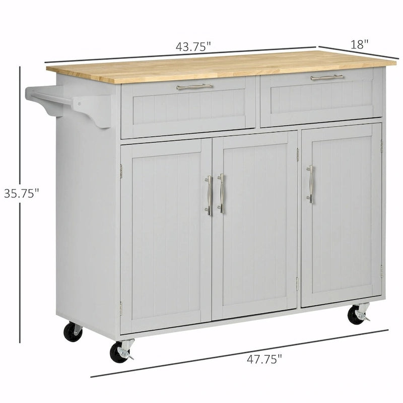 Îlot de cuisine mobile avec plateau en bois, tiroirs, armoires, étagères réglables et porte-serviettes