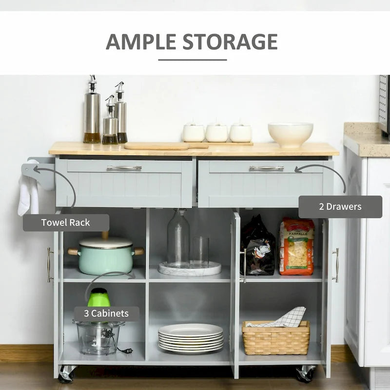 Îlot de cuisine mobile avec plateau en bois, tiroirs, armoires, étagères réglables et porte-serviettes