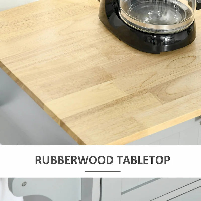 Îlot de cuisine mobile avec plateau en bois, tiroirs, armoires, étagères réglables et porte-serviettes
