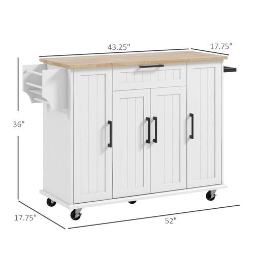 52Îlot de cuisine roulant avec dessus en bois d'hévéa, porte-épices, porte-serviettes, tiroir