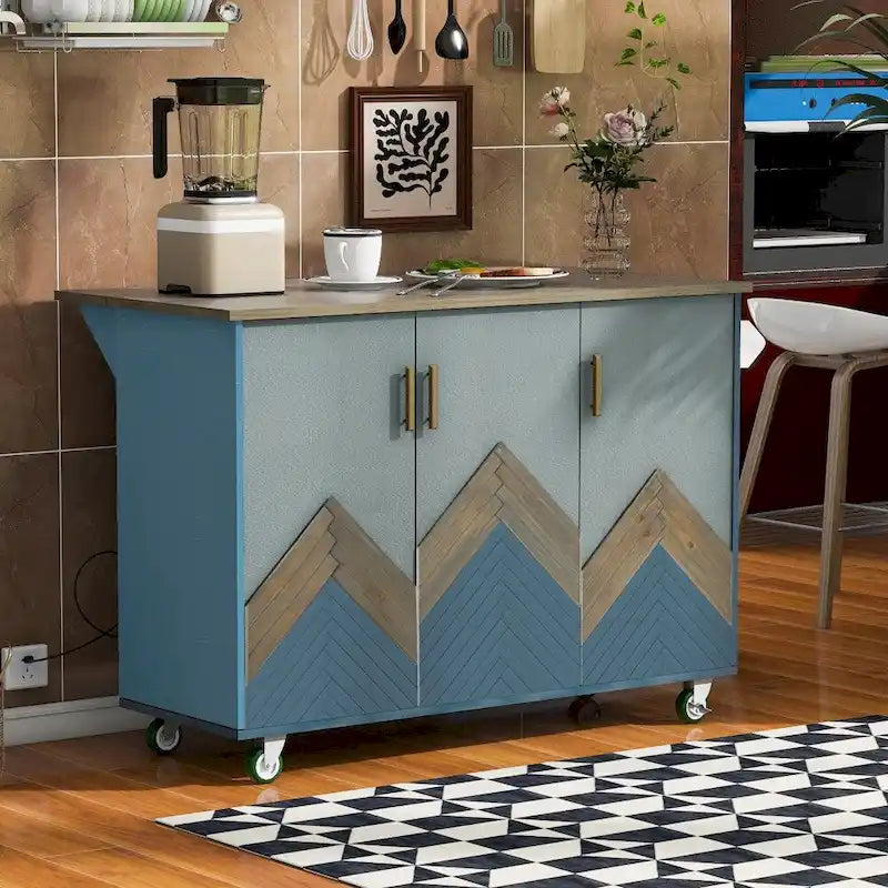 Îlot de cuisine rétro de 129,5 cm de large avec plateau abattant, 4 roulettes, étagère de rangement interne et porte-serviettes