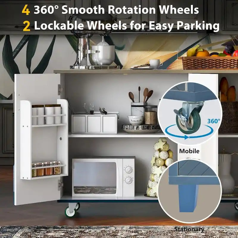 Îlot de cuisine rétro de 129,5 cm de large avec plateau abattant, 4 roulettes, étagère de rangement interne et porte-serviettes