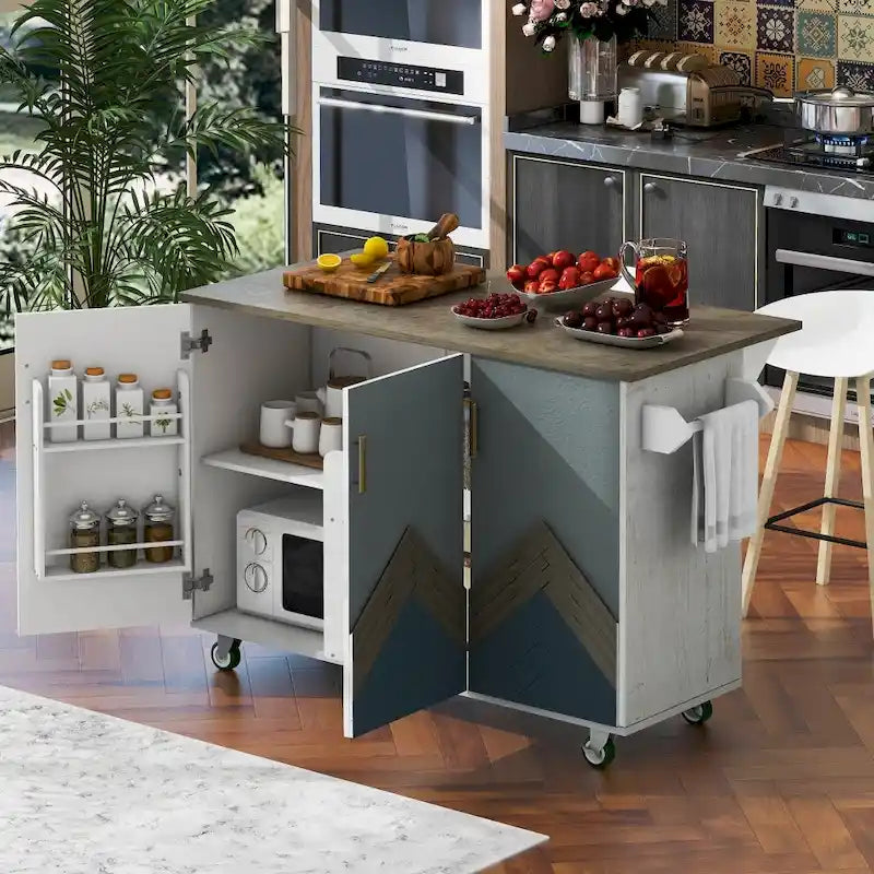 Îlot de cuisine rétro de 129,5 cm de large avec plateau abattant, 4 roulettes, étagère de rangement interne et porte-serviettes