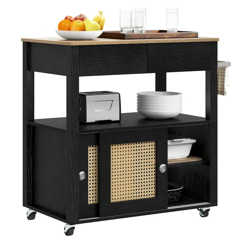 Dessin de cuisine roulant en rotin avec armoire de rangement - 32.2L x 19.5W x 35H