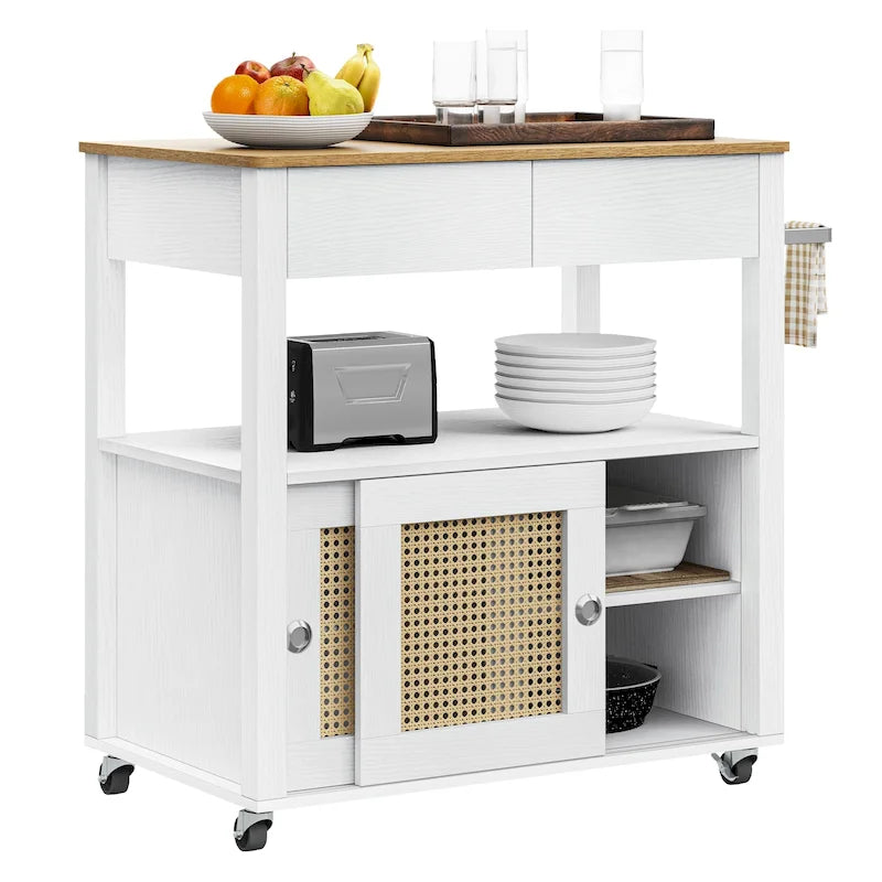 Dessin de cuisine roulant en rotin avec armoire de rangement - 32.2L x 19.5W x 35H