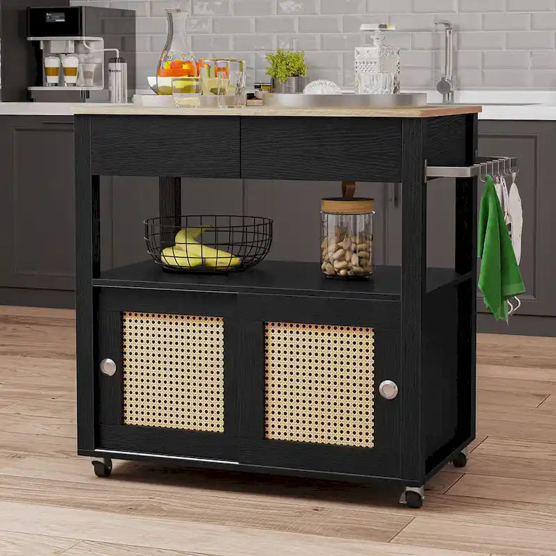 Dessin de cuisine roulant en rotin avec armoire de rangement - 32.2L x 19.5W x 35H