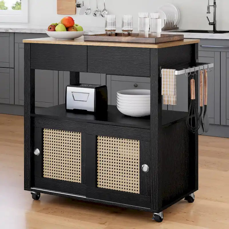 Dessin de cuisine roulant en rotin avec armoire de rangement - 32.2L x 19.5W x 35H