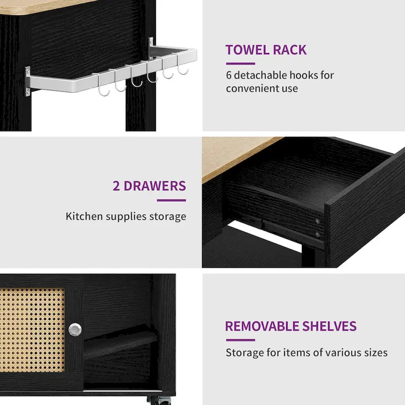 Dessin de cuisine roulant en rotin avec armoire de rangement - 32.2L x 19.5W x 35H
