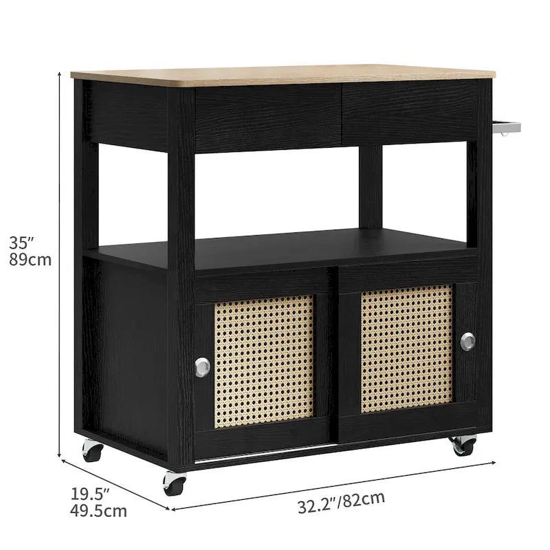 Dessin de cuisine roulant en rotin avec armoire de rangement - 32.2L x 19.5W x 35H