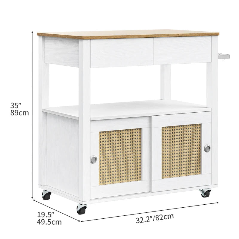 Dessin de cuisine roulant en rotin avec armoire de rangement - 32.2L x 19.5W x 35H