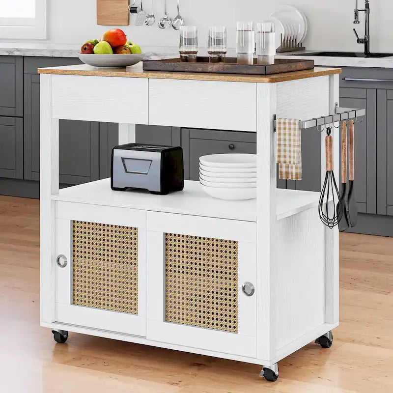 Dessin de cuisine roulant en rotin avec armoire de rangement - 32.2L x 19.5W x 35H