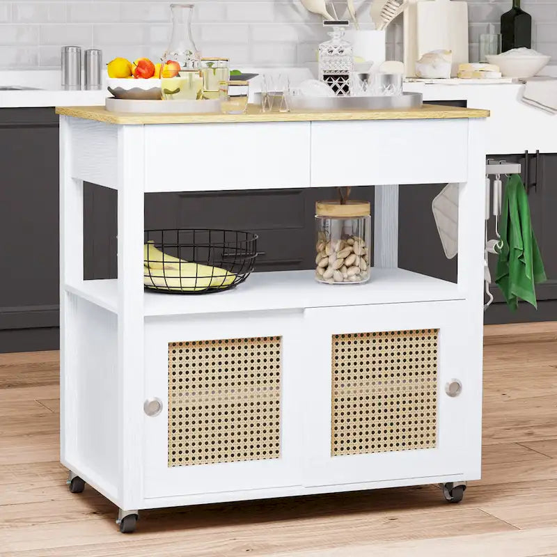 Dessin de cuisine roulant en rotin avec armoire de rangement - 32.2L x 19.5W x 35H